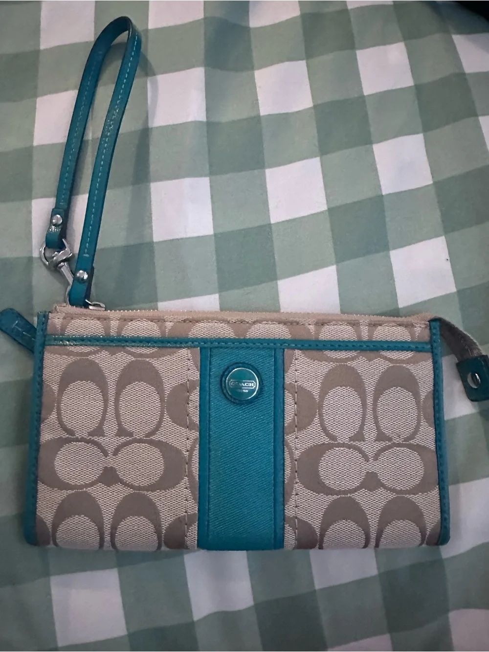 Coach Beige Signature Shoulder Bag with Teal Trim and matching wristlet wallet